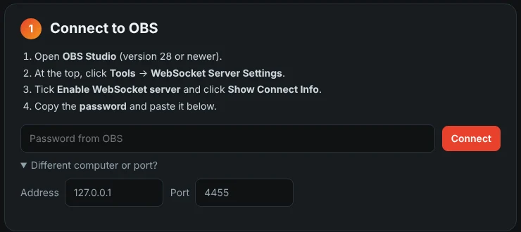 Step 1 of the Legcast setup assistant: connect to OBS with the WebSocket password
