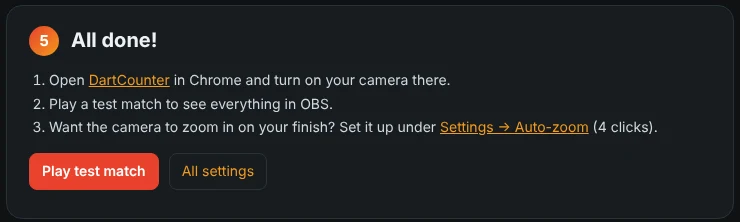 The last step of the setup assistant with a button to play a test match