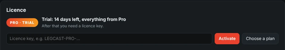 The licence section in the Legcast settings with a field for the key and an Activate button