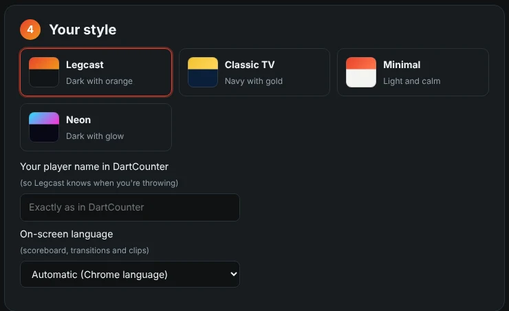 Choosing a theme, your DartCounter name and the on-screen language in the setup assistant