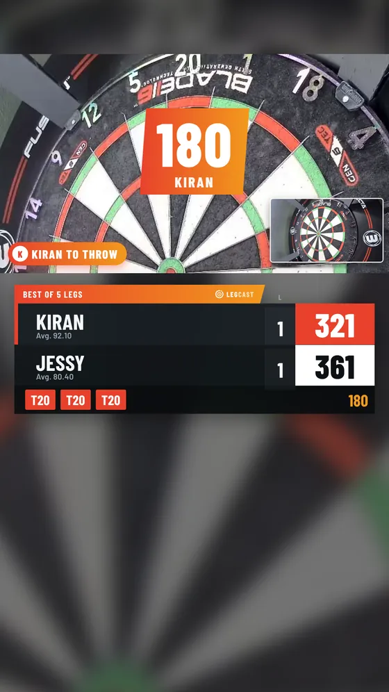 Vertical TikTok scene: board camera on top with a 180 banner, scoreboard below